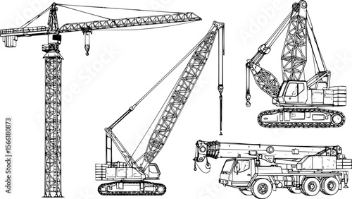 a schematic diagram of a tower crane, a crawler crane and a truck crane, black and white background

