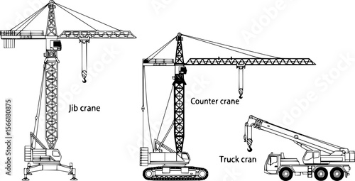 a schematic diagram of a tower crane, a crawler crane and a truck crane, black and white background

