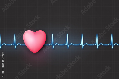 Heartbeat line with glowing blue ECG signal and 3D pink heart icon on dark background. Concept of medical checkup, cardiology, or love heartbeat.