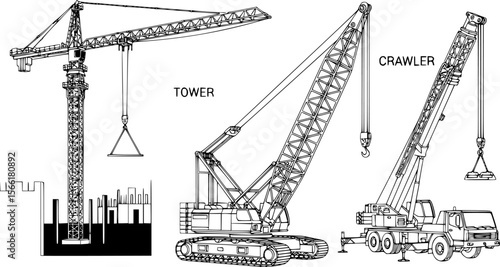 a schematic diagram of a tower crane, a crawler crane and a truck crane, black and white background

