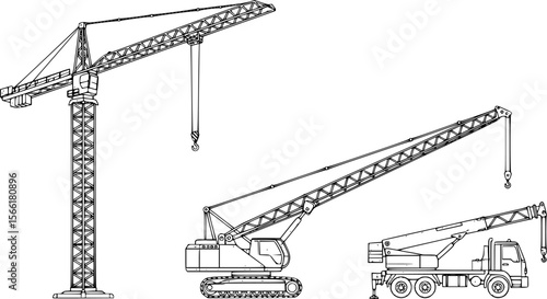 a schematic diagram of a tower crane, a crawler crane and a truck crane, black and white background

