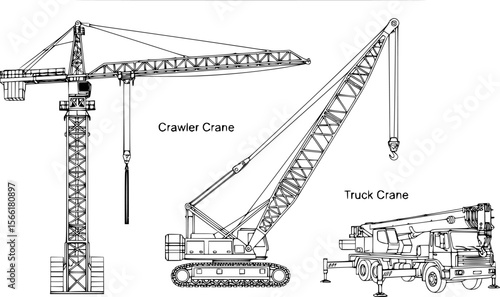 a schematic diagram of a tower crane, a crawler crane and a truck crane, black and white background

