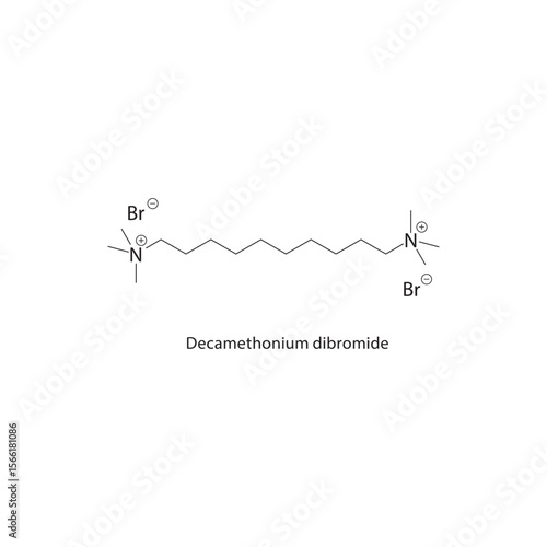 Decamethonium dibromide skeletal structure. Quaternary ammonium salt compound schematic illustration. Simple diagram, chemical formula.