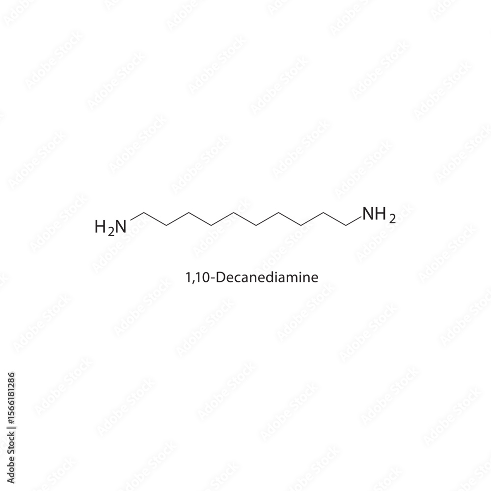 1,10-Decanediamine skeletal structure. Diamine compound schematic illustration. Simple diagram, chemical formula. 1,10-Decanediamine skeletal structure. Diamine compound schematic illustration. Simple diagram, chemical formula.
