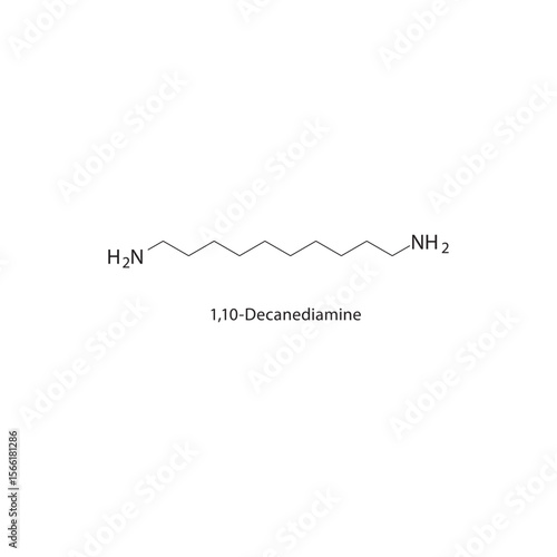 1,10-Decanediamine skeletal structure. Diamine compound schematic illustration. Simple diagram, chemical formula.