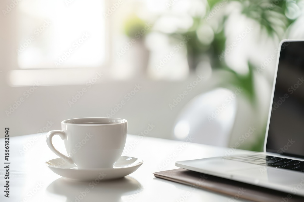 Premium Quality Picture of White Background with a Blurry Laptop and a Coffee Cup on a Table Premium Quality Picture of White Background with a Blurry Laptop and a Coffee Cup on a Table