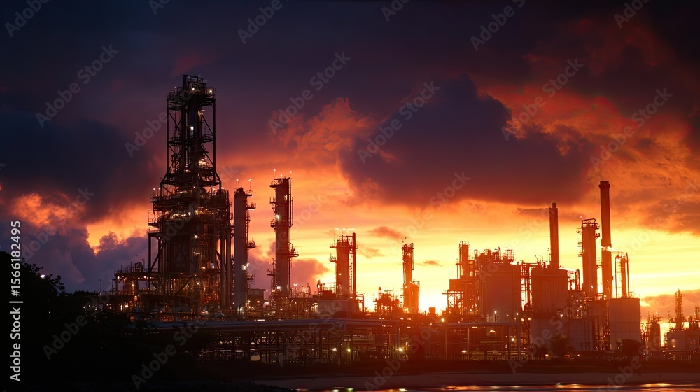 Fototapeta premium Industrial Refinery Silhouette at Sunset