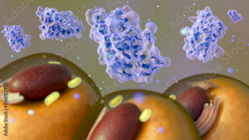 A 3d rendering of scattered leptin molecules and adipocyte or fat cell, illustrating their role in metabolism and energy regulation.