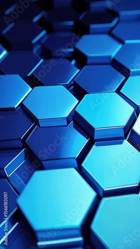 Abstract 3D rendering of interlocking blue hexagonal shapes creates a modern, geometric design. Reflective, cool tone.