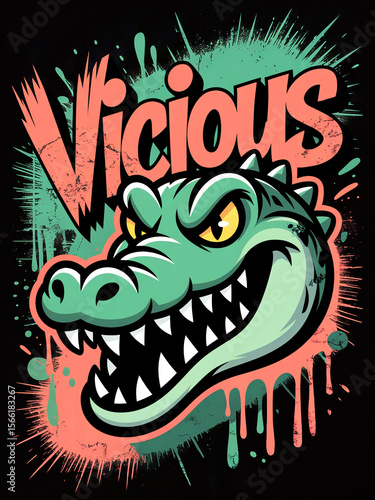 Vicious alligator with dripping paint splatter background