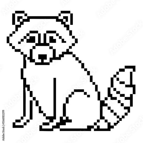 Raccoon sitting calmly in a simple, pixelated outline illustration with distinct features