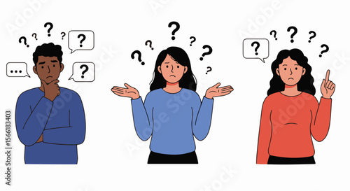 Diverse People Pondering: Confusion, Questions, and Uncertainty. Illustration of three diverse people pondering,surrounded by question marks, symbolizing confusion, decision-making,and seeking answers