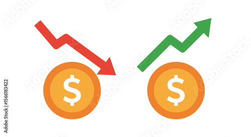 Financial Gain and Loss with Dollar Coins. Illustration of financial gain (green arrow) and loss (red arrow) associated with dollar coins, symbolizing economic trends.