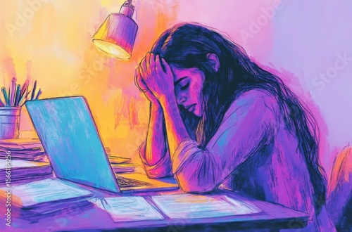 A 25-year-old Indian woman at her desk, visibly overwhelmed