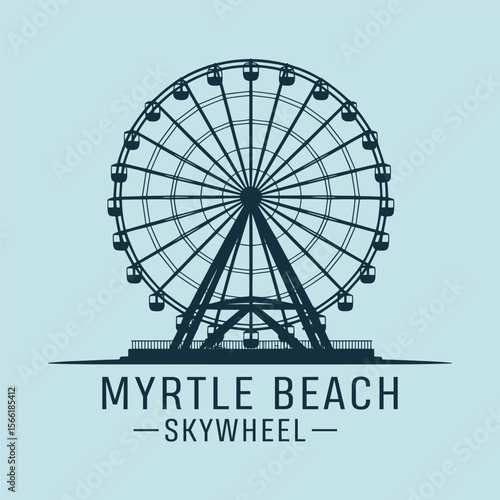 Myrtle Beach Skywheel: Stylish vector illustration, serene blue palette, iconic landmark graphic
