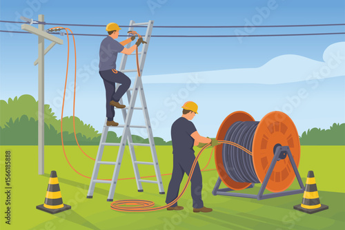 Electricians Installing Electrical Cable Power Line Maintenance & Repair