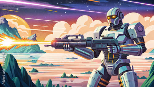 Futuristic sci-fi battlefield featuring a combat robot with laser weaponry perfect vector illustration for games, concept art, or high-tech war and cyberpunk design themes
