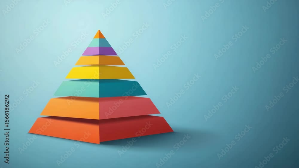 Colorful layered paper pyramid stack with geometric shape and gradient shades symbolizing hierarchy growth and structured levels in vibrant balanced composition on blue background Colorful layered paper pyramid stack with geometric shape and gradient shades symbolizing hierarchy growth and structured levels in vibrant balanced composition on blue background