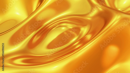 Liquid gold chrome waves background, shiny and lustrous golden metal pattern texture, silky 3D illustration.