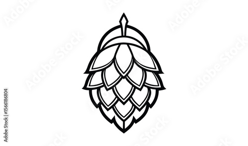 Stylized black and white line art illustration of a hop cone