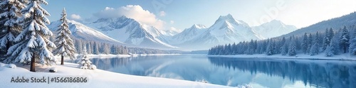 Wallpaper Mural Serene Winter Wonderland Snow-Covered Pines, Frozen Lake, and Majestic Mountains Reflecting a Clear Sky.  Perfect for Holiday Cards, Nature Calendars, and Winter Travel Brochures. Torontodigital.ca