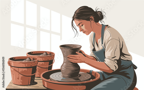 A Woman Potter at Work Creating Pottery on a Wheel