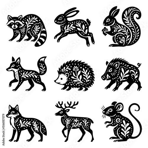 Abstract rustic folk shapes with animals. Ethnic folk stickers in scandinavian. Boho animals silhouettes and floral patterns, doodle Scandinavian folk textile.