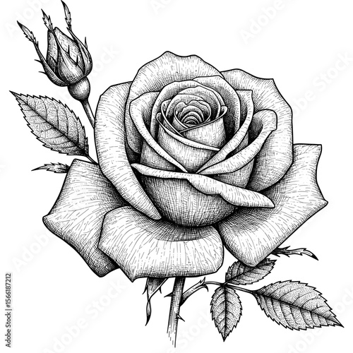 Black and white line drawing of a rose in vintage scientific engraving style, intricate ink illustration with precise structure and detailed hatching on a clean white background