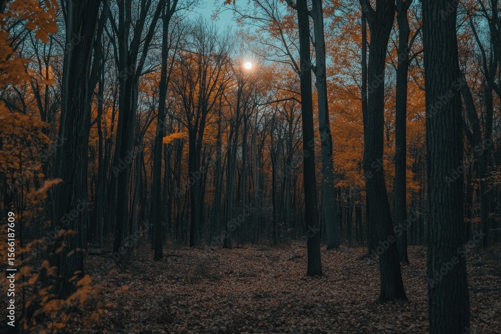 Obraz premium Forest trees illuminated by a bright moon under a twilight sky with autumn foliage, Forest Trees With Moon Above