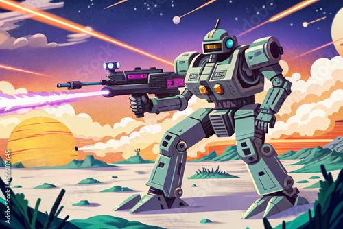 Futuristic sci-fi battlefield featuring a combat robot with laser weaponry perfect vector illustration for games, concept art, or high-tech war and cyberpunk design themes