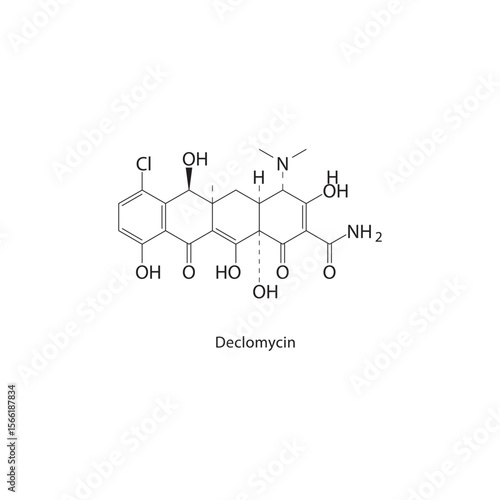 Declomycin skeletal structure. Antibiotic compound schematic illustration. Simple diagram, chemical formula.
