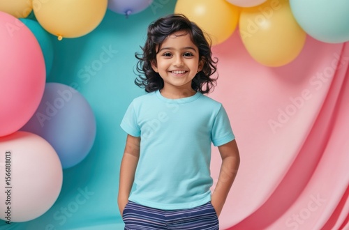Happy Indian child posing cheerfully, light blue shirt and navy striped shorts, standing confidently on a vibrant set with pastel balloons and abstract background shapes