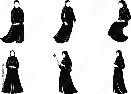 Black Silhouette Illustrations of Women in Abayas on White Background