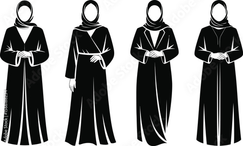 Black and White Illustrations of Women in Hijabs and Abayas