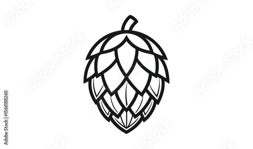 Stylized black line art illustration of a single hop cone on a white background