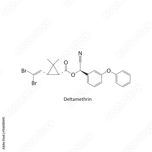 Deltamethrin skeletal structure. Insecticide compound schematic illustration. Simple diagram, chemical formula.