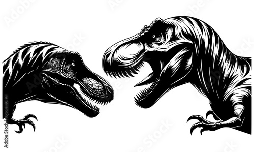 Dramatic black and white drawing of a T-Rex and Velociraptor facing off