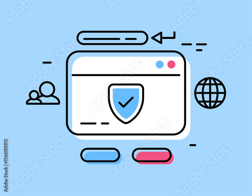 a website security concept. a system of protection and safety of visitor data when accessing a website. illustration of a browser window with a shield symbol. red blue white colors. flat outline style