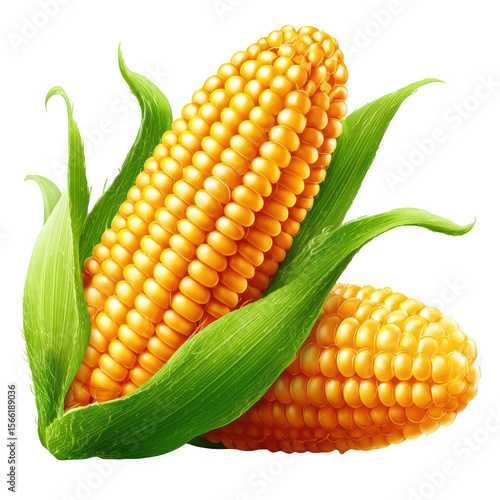 Two golden corn cobs with vibrant green leaves