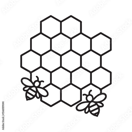 Simple black line drawing of a honeycomb with bees.