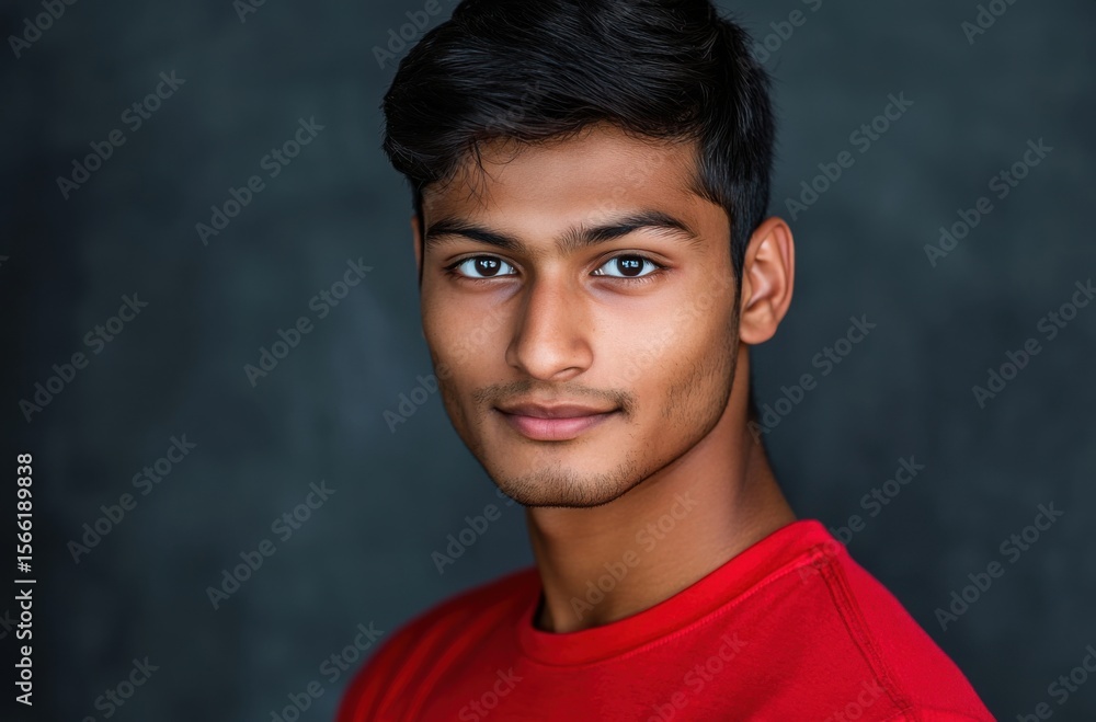 Fototapeta premium Professional headshot of a confident young Indian man in a red t-shirt, sharp focus on eyes