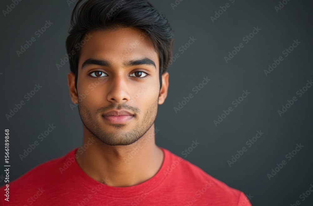 Obraz premium Professional headshot of a confident young Indian man in a red t-shirt, sharp focus on eyes