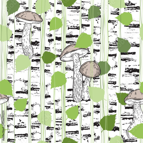 Boletus mushrooms and stylized birches with leaves. Seamless vector pattern. Hand drawn illustration. Perfect for design templates, wallpaper, wrapping, fabric, print and textile. 