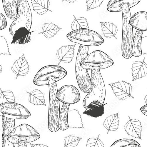 Boletus mushrooms and birch leaves on white. Seamless vector pattern. Hand drawn illustration. Monochrome. Perfect for design templates, wallpaper, wrapping, fabric, print and textile. 