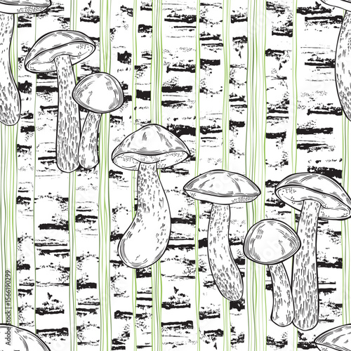 Boletus mushrooms and stylized birch trees. Seamless vector pattern. Hand drawn illustration. Perfect for design templates, wallpaper, wrapping, fabric, print and textile. 