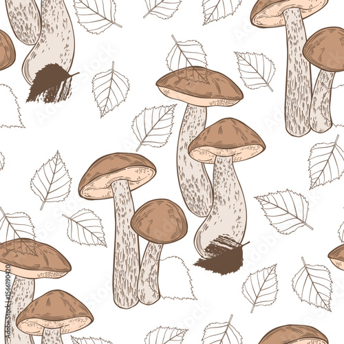 Stylish forest pattern with mushrooms, birch leaves on white. Vector hand drawn illustration. Monochrome. Perfect for design templates, wallpaper, wrapping, fabric, print and textile. 