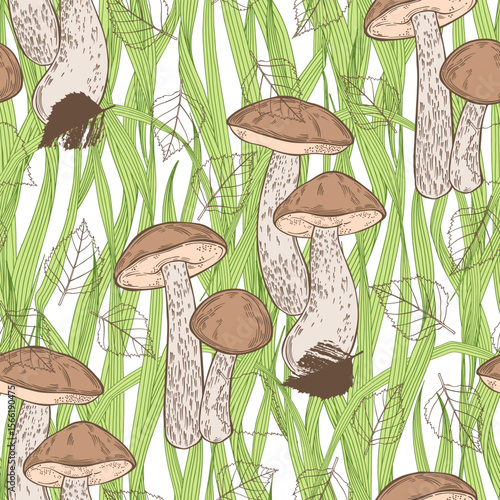 Birch boletes mushrooms, grass and birch leaves. Seamless vector pattern. Hand drawn illustration. Perfect for design templates, wallpaper, wrapping, fabric, print and textile. 