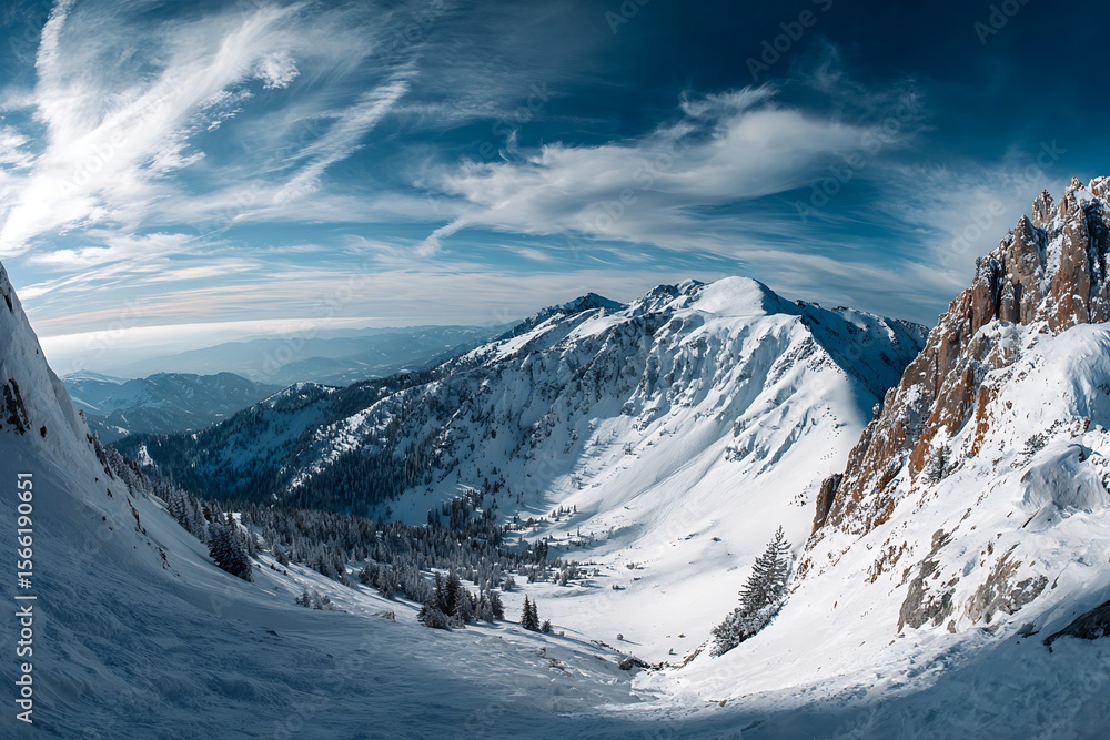 Panoramic vista of snow capped mountains under a blue sky with clouds Panoramic vista of snow capped mountains under a blue sky with clouds