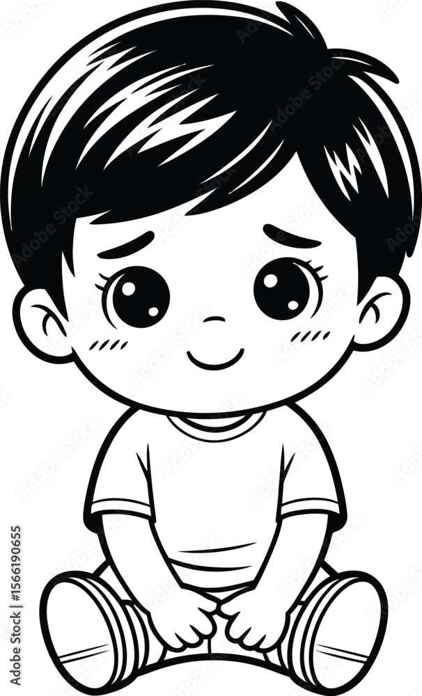 Black and White Illustration of a Sitting Baby with Big Eyes and a Smile Black and White Illustration of a Sitting Baby with Big Eyes and a Smile