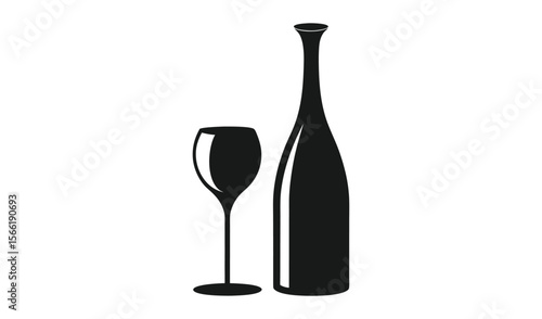 Simple black silhouette of a wine bottle and a wine glass on a white background